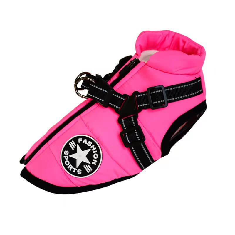 WuffWear - Regnfrakke med Sele - Vind & Vandafvisende i pink design med integreret sele og fashion sports logo