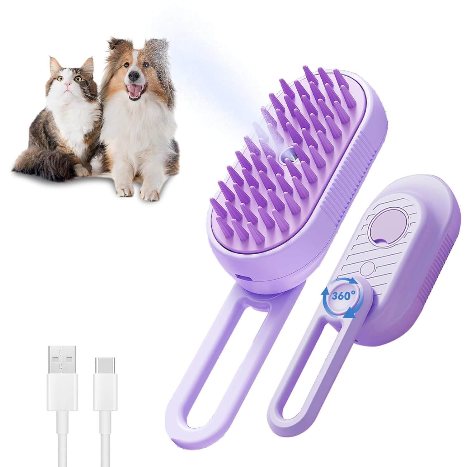 3-i-1 Dampbørste til Katte og Hunde – effektiv pelspleje og skånsom fjernelse af løse hår, med kæledyr og USB-kabel