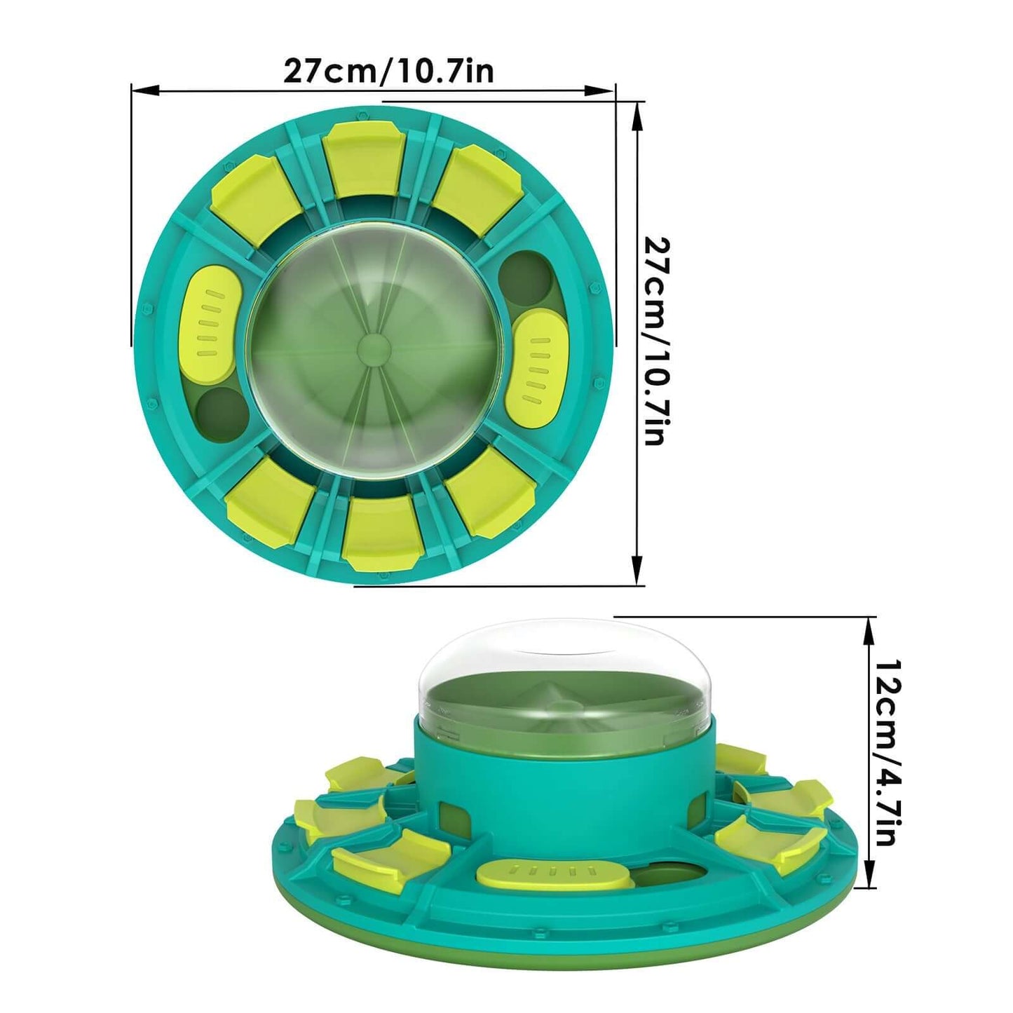 Interaktiv Hundepuslespil – IQ-Træning og Langsom Fodring legetøj, top og side vue, dimensioner 27cm x 27cm x 12cm.