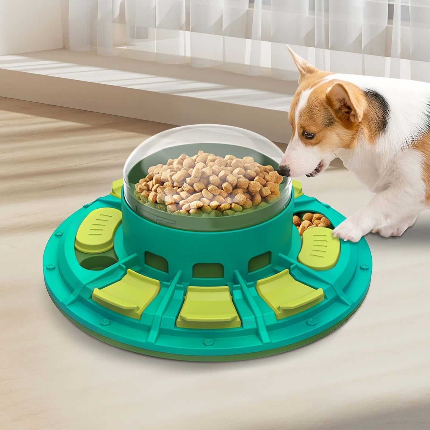 Corgi using Interaktiv Hundepuslespil – IQ-Træning og Langsom Fodring toy for meal and mental engagement.