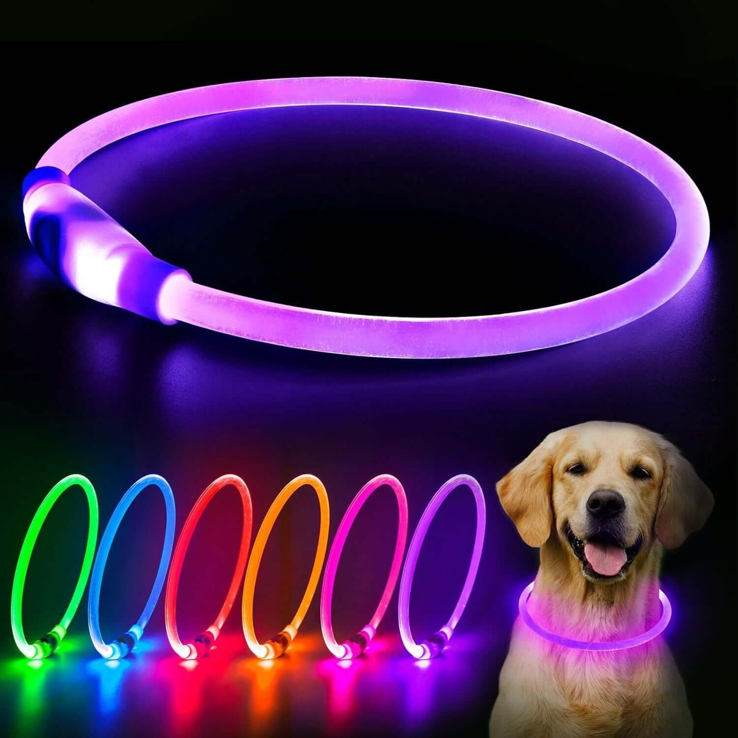LED Halsbånd - Genopladeligt og Lysende til Hunde i forskellige farver, perfekt til at holde din hund synlig og sikker om natten.