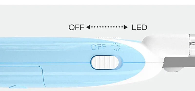 Professionelle Negleklippere med LED-lys on-off switch close-up, showing LED lighting feature for safe pet nail trimming.