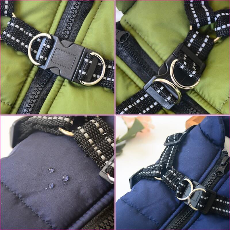 Close-up of WuffWear - Regnfrakke med Sele - Vind & Vandafvisende, showing durable zippers and built-in harness details.